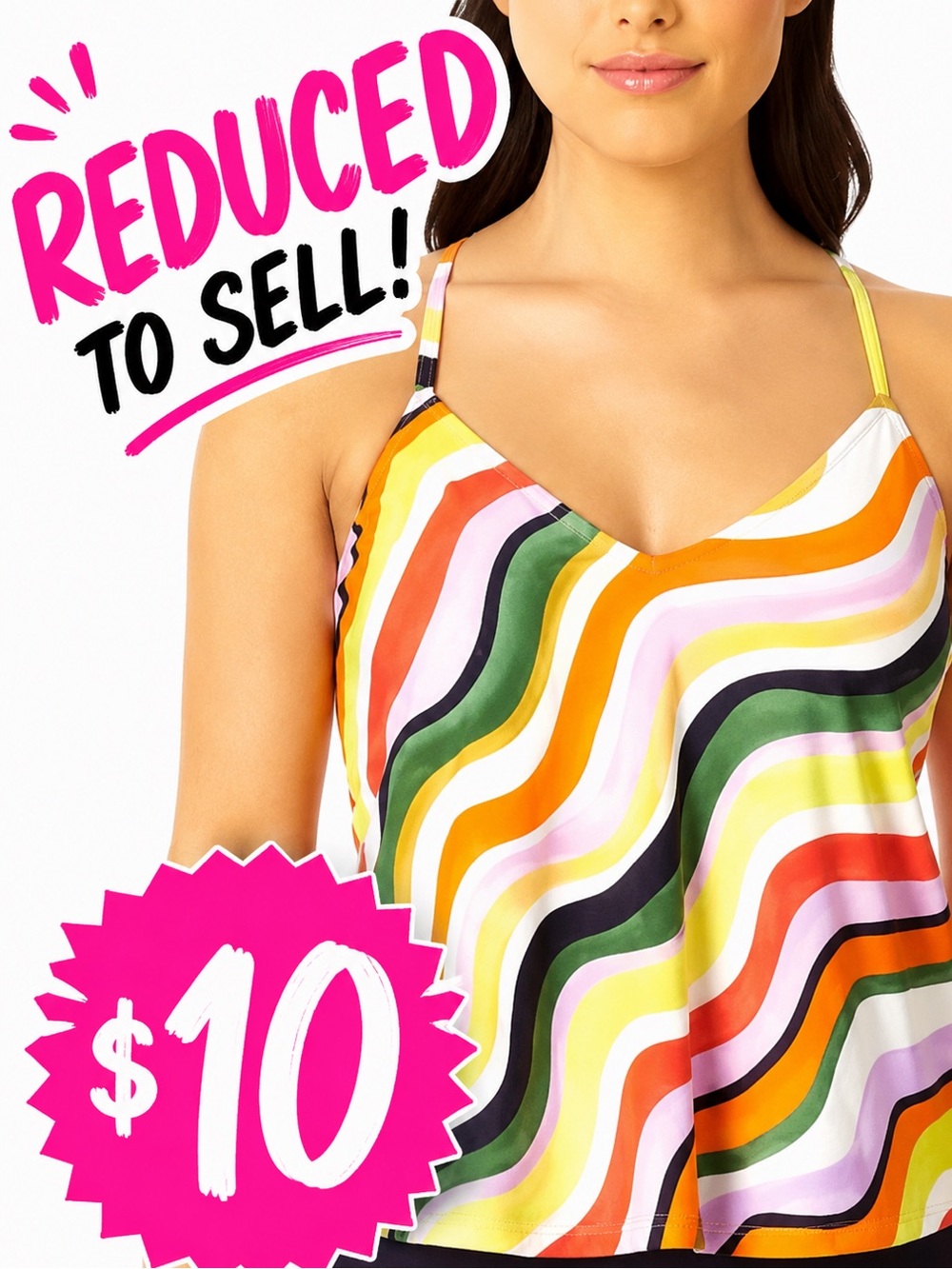 Anne Cole Orange Wave Printed Color Tankini Swim Top Criss Cross Back M NEW